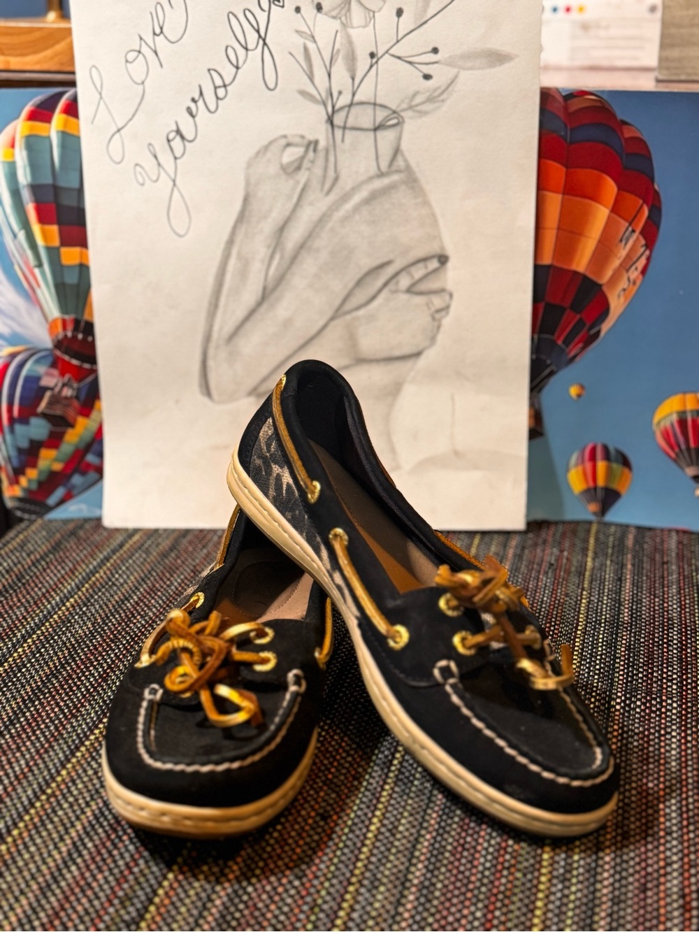Sperry Black and Gold Cheetah Print Women's Moccasin Boat Shoes